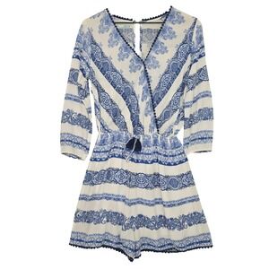 Maurices Romper Womens S Blue Paisley 3/4 Sleeve Tassel PomPom Trim V-Neck